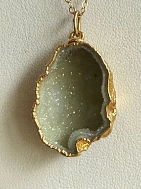Estate Gold-Trim Green Druzy Geode Pendant